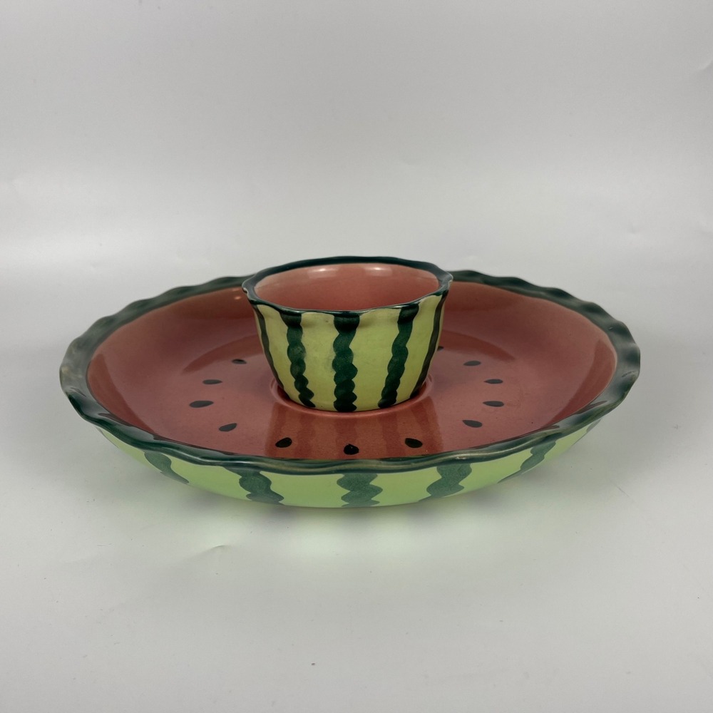 Vtg Watermelon Chip and Dip Serving Platter Bowl 2pc Set Ceramic Kitchenware EUC